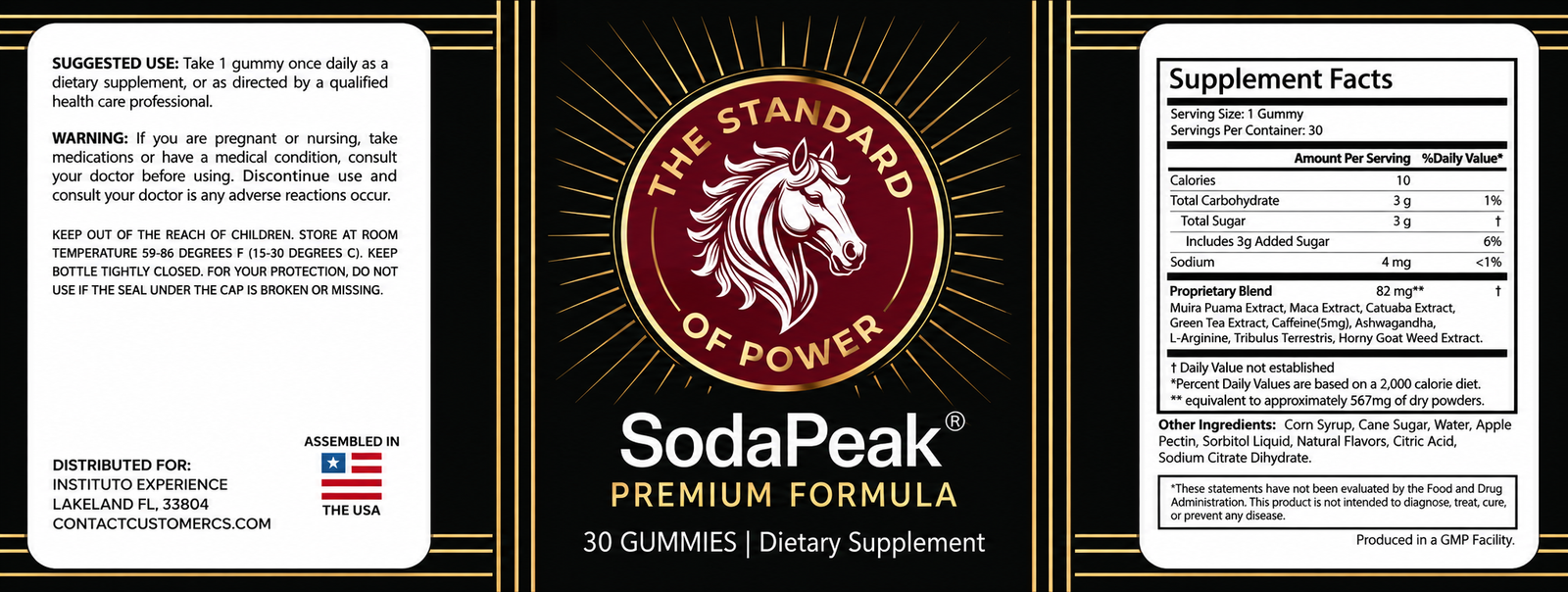 SodaPeak Supplement Facts label: Malaysian Ginseng, Muira Puama, Maca, Catuaba, Green Tea, Ashwagandha, L-Arginine, Tribulus and Caffeine