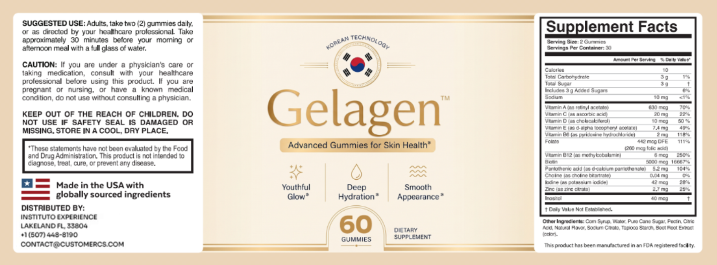 Gelagen Supplement Facts label: Biotin, Vitamin B12, Vitamin B6, Folate and Pantothenic Acid