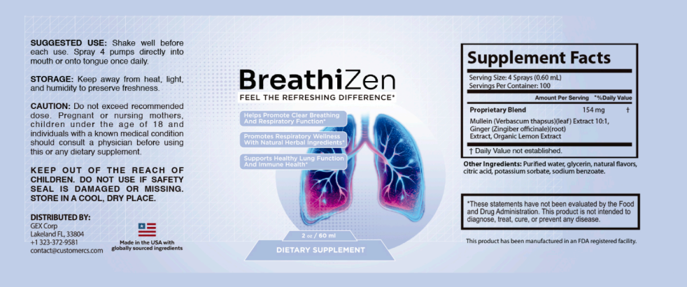 BreathiZen Supplement Facts label: Mullein, Bromelain, Ginger, Cordyceps, Green Tea and Vitamin D3